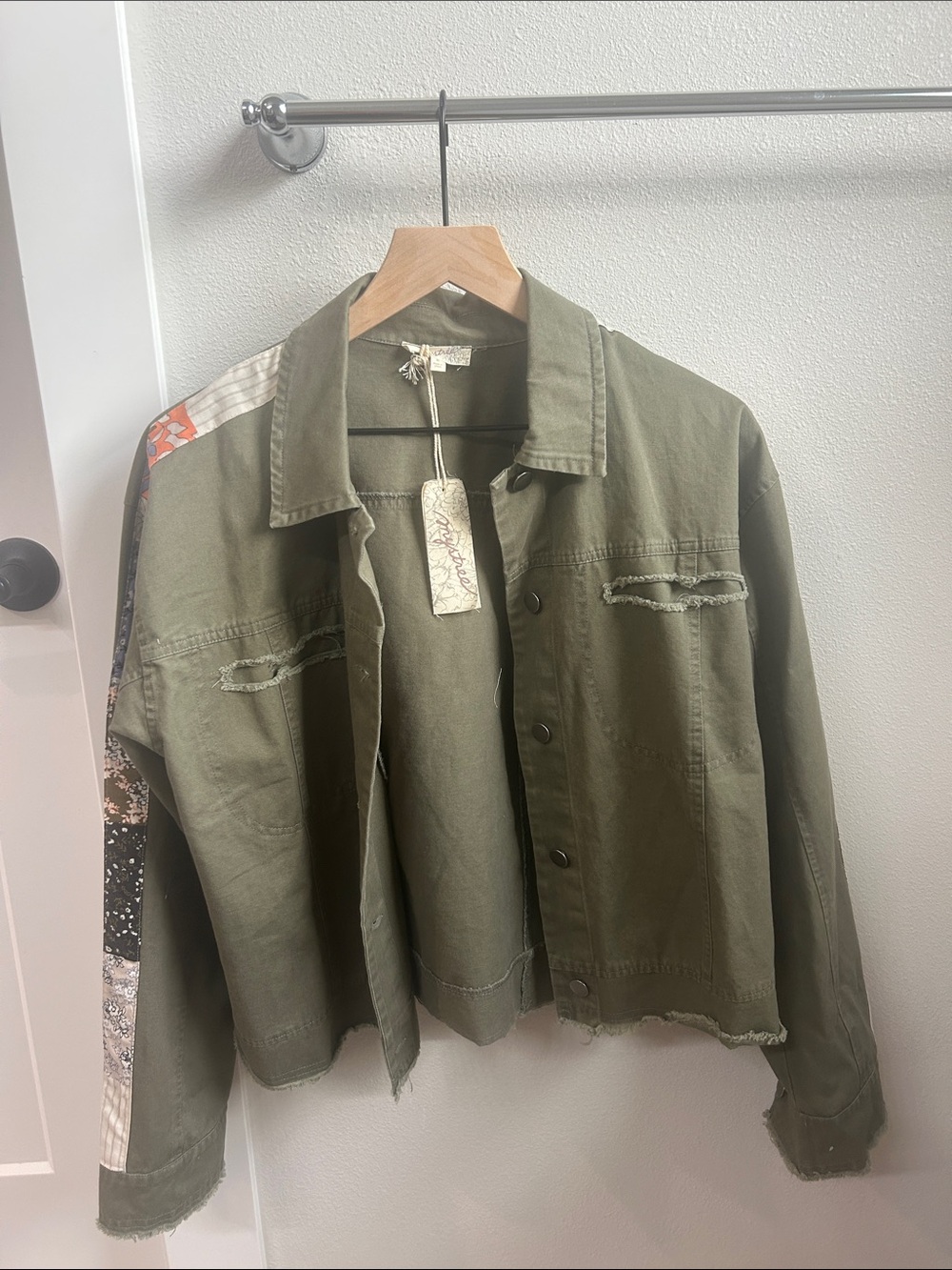 Mystree Olive Green Distressed Jean Jacket with Printed Sleeve Panel FREE PEOPLE